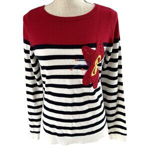 Brooks Brothers Red Knit Striped Sweater W/Crochet Butterfly Embellishment S